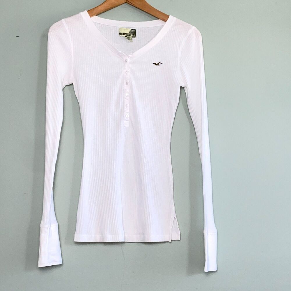 Hollister White Ribbed Long Sleeve Henley Top